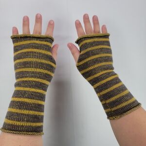 Striped Yellow and Gray Fingerless Gloves